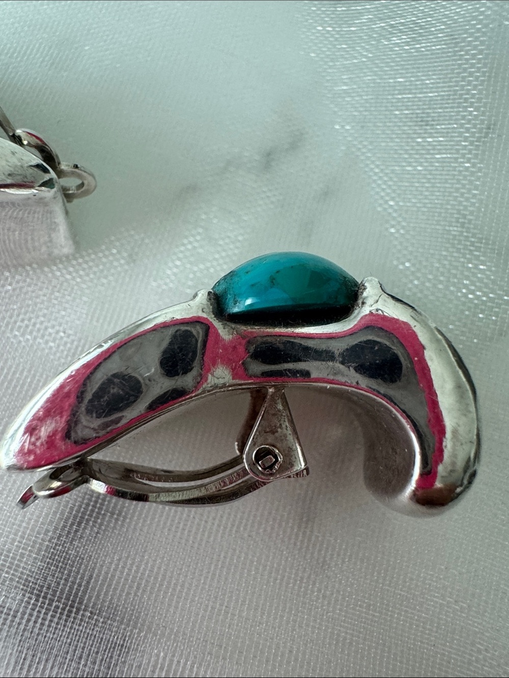 Silver Clip-on Earrings with Turquoise Cabochons - Women's Fashion Jewelry - Picture 3 of 10